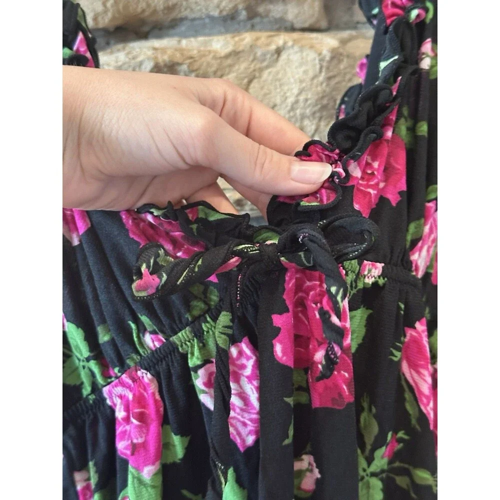 Y2K Smart & Sexy Lingerie Black/Pink Rose Babydoll Slip Dress Ruffle Bow Sheer L